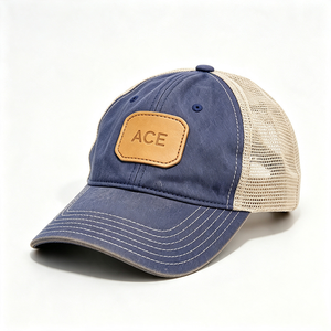 Custom Washed 100% Cotton Canvas Trucker <b>Hat</b> Leather Patch ACE Logo Breathable Mesh Back Vintage Trucker Cap Outdoor <b>Summer</b> - Product Image 5