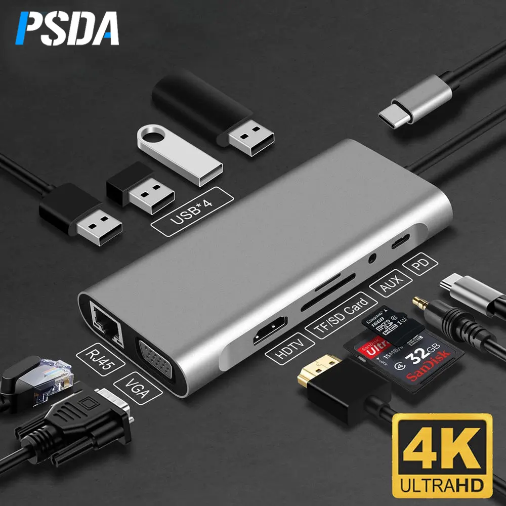 Adaptateur de Type C PSDA 11 en 1 Hub USB Multiple 3.0 Port pour Macbook ordinateur portable HD PD chargeur Audio VGA RJ45