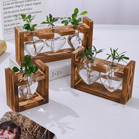Vase en Verre Transparent sur Support en Bois Créatif, Petit Vase Hydroponique pour Plantes, Décoration de Bureau ou de Maison, Terrarium avec Socle en Bois