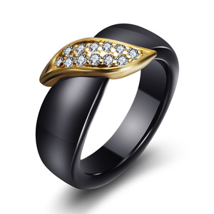 Ceramic Diamond <b>Ring</b> 18K Gold 21mm Leaf Pattern Black White <b>Couple</b> <b>Ring</b> Women's Everyday Wear - Product Image 3