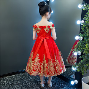 E2woo Nuevo Vestido Largo de Fiesta para Niñas, con Bordado de Flores Rojas, Estilo Princesa, de Un Solo Hombro, para Primavera y Verano - Product Image 4