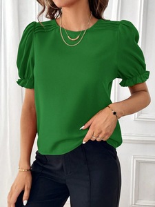 Mulheres Cor Sólida Elegante O-pescoço Top Fashion Lady Manga Curta Blusa Designs Casual - Product Image 4
