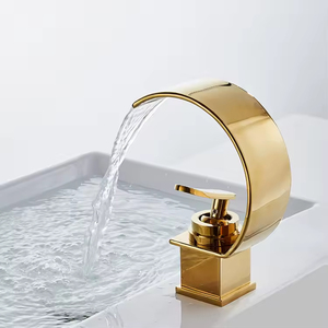 Robinet de lavabo moderne à poignée unique noir et or, mitigeur de salle de bain moderne, robinet cascade eau chaude et froide, cartouche céramique - Product Image 6