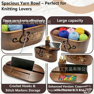 Wooden Yarn Bowl Oval Knitting Storage Box With Phone Stand For <b>Crochet</b> <b>Hook</b> And Yarn Ball Organization - Product Image 4