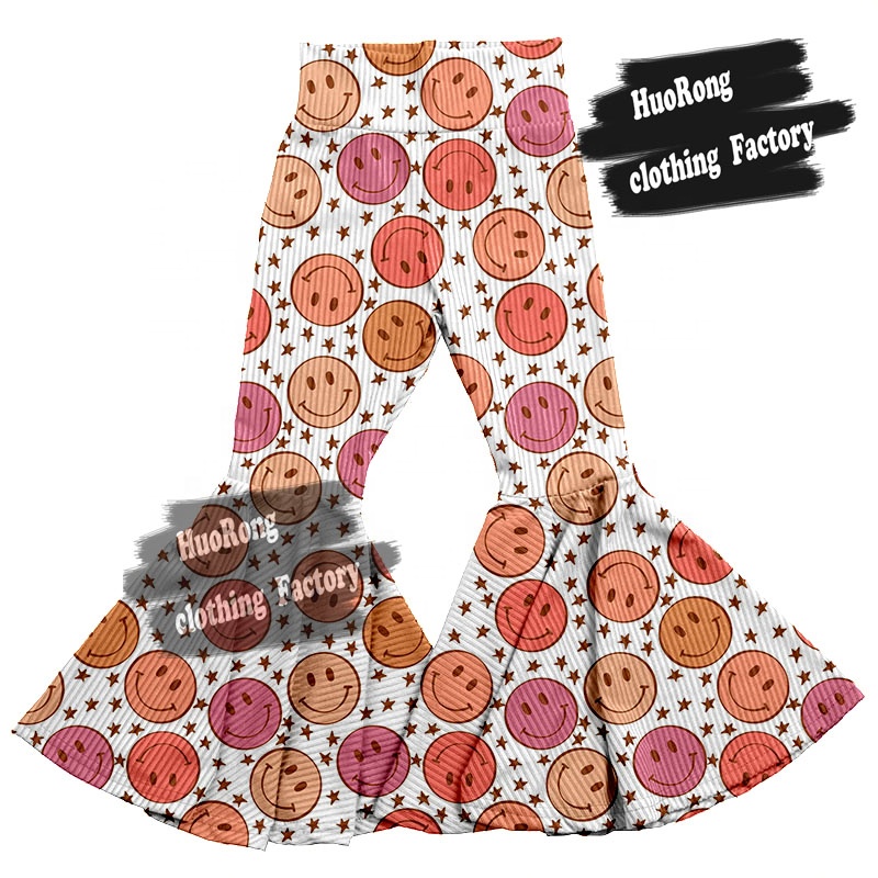 Брюки-клеш для новорожденных девочек, трикотажные брюки с рисунком смайликов и колокольчиков в рубчик, с высокой талией, с завышенной талией