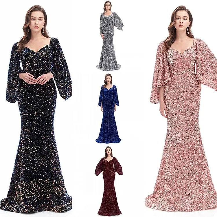Long sleeves sequins lace mermaid formal evening gown party long maxi dress for pageant elegant