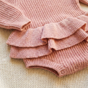 Conjunto de Punto Fino 100% Algodón, Nuevo Estilo Elegante, Mono con Doble Volante en la Cintura <span class=keywords><strong>para</strong></span> Niña Recién Nacida y Bebé, Suéter Tejido - Product Image 4