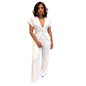 Ensemble <span class=keywords><strong>pantalon</strong></span> <span class=keywords><strong>tailleur</strong></span> <span class=keywords><strong>blanc</strong></span> élégant vintage à col en V profond pour femme, coupe large, 2 pièces, idéal pour invitées de <span class=keywords><strong>mariage</strong></span>, bureau et soirées club - Product Image 5