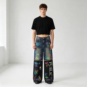 Pantalones Vaqueros de Mezclilla con Estampado de Graffiti Personalizado, Cintura Alta, Estilo Urbano Holgado, Impresión en Serigrafía, Dibujo a Mano, Desgastados, para Hombre - Product Image 3