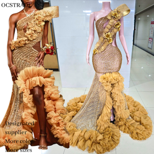 Abiti da Cerimonia Esclusivi Ocstrade per Signore, Vestiti con Decorazioni Floreali in Oro e Strass, Spacco Trasparente con Volant e Strascico, Abiti da Ballo - Product Image 1