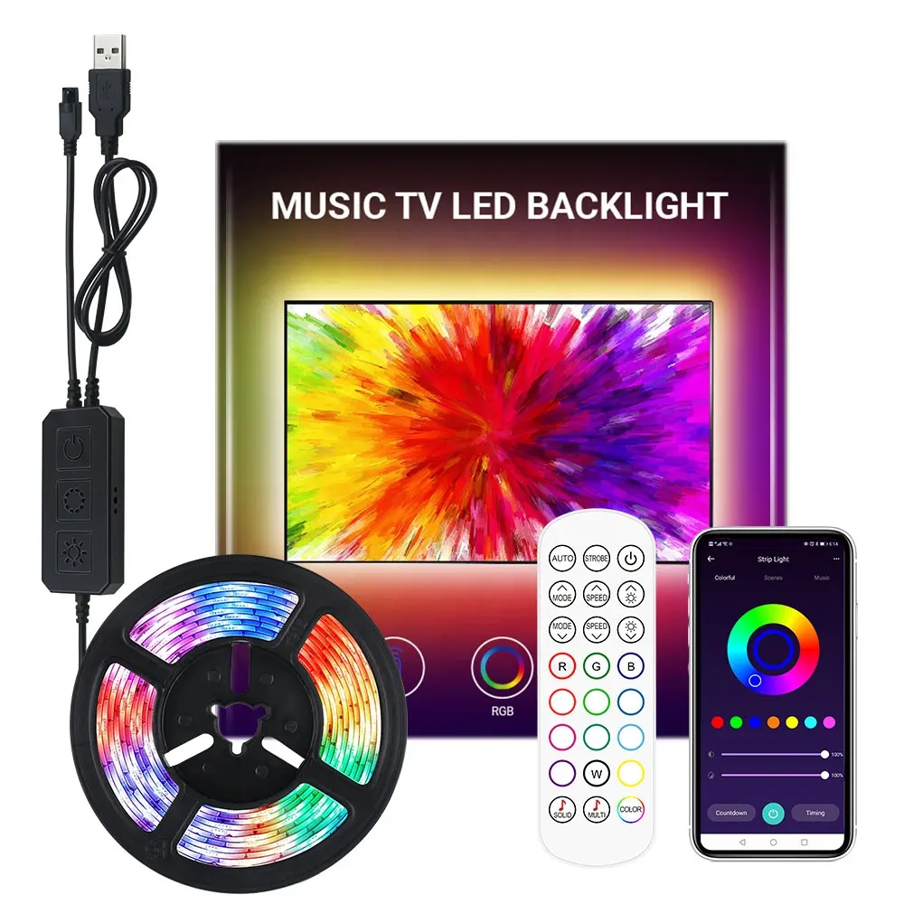 Tira de luces USB DC5V, 2M, SMD 5050 BLE, Mini RGB, Control por aplicación de teléfono móvil, TV USB, tira de luz de fondo LED