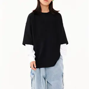 Çin toptan siyah ağır klasik yuvarlak boyun Tee gömlek uzun kollu ekli pamuk Mens çift katmanlı T Shirt