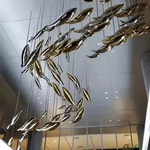 Decoración de Hotel, escultura de pez Animal de Metal, escultura de fuente, escultura de pez de acero inoxidable pulido