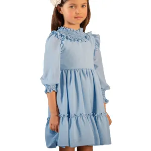 Baby blue color girls' party dresses European fashion corrugated edge long sleeve dress