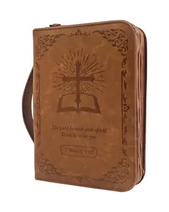 휴대용 손잡이가있는 프리미엄 브라운 PU 가죽 지퍼 가방 세련된 내구성 대형 성경 가방