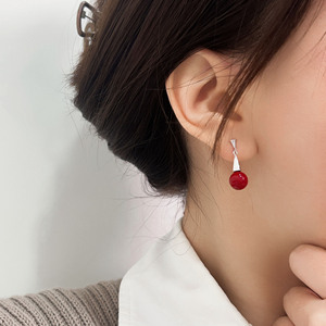Japanese Korean Style S925 Sterling Silver <b>Drop</b> <b>Earrings</b> <b>Red</b> Pearl Ball Shape Geometric Design Everyday Wear Women's Jewelry - Product Image 3