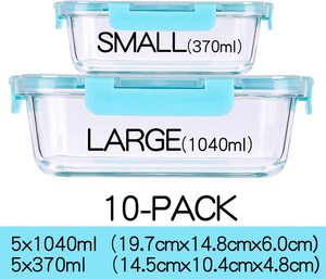 10-Pack Rettangolo di Vetro Pasto Prep Contenitori 370ml + 1040ml <span class=keywords><strong>BPA</strong></span> Libero di Vetro di Conservazione Degli Alimenti con Airtight coperchi per il Pranzo