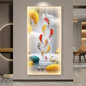 Pintura decorativa de lujo con luces led para porche, pintura moderna de porcelana de cristal de alta gama, nueve peces