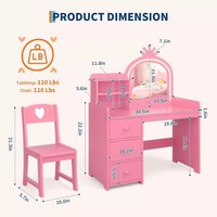 Coiffeuse en bois de luxe pour enfants avec tiroirs de rangement, table de maquillage éclairée pour enfants avec miroir et chaise pour chambre à coucher