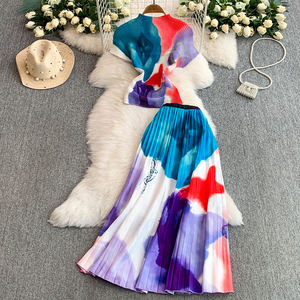 Haut de gamme femmes deux pièces ensembles nouvelle mode élégant bureau dames à manches courtes T-shirt + longue Maxi jupe plissée deux pièces ensemble - Product Image 4