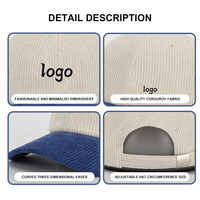 Nouveau 6 panneaux en velours côtelé éponge unisexe broderie personnalisée logo sportif en plein air papa chapeaux OEM mode deux tons plus chaud casquettes structurées