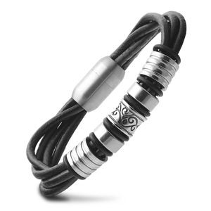 Men's <b>Black</b> Leather <b>Wrap</b> Bracelet With Stainless Steel Beads And Magnetic Clasp For Gift Jewelry - Product Image 1