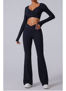 Nylon Spandex brossé lisse tricot tissu manches longues haut court et pantalon de survêtement évasé survêtement pour femmes Gym Yoga Fitness Wear - Product Image 3