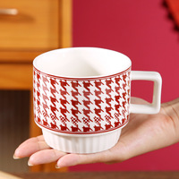 Tasses à café en céramique empilables Modern Birds, motif pied-de-poule, réutilisables, anti-fuite, sans BPA, grande capacité, compatibles lave-vaisselle et micro-ondes