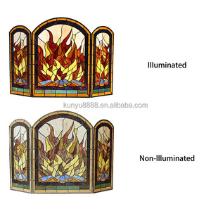 Paravent de cheminée en vitrail, 3 panneaux, motif flamme, verre décoratif traditionnel, pour salon, autoportant, forme cathédrale - Product Image 6