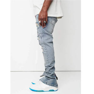 Pantalones Ajustados de <span class=keywords><strong>Tela</strong></span> para Hombre, Estilo Hip Hop, Pantalones de Moda Urbana Y2k, Lavado Claro Personalizado, Diseño Desgastado y Roto - Product Image 3
