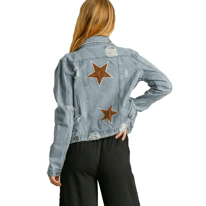 Vintage lady welcome garment long sleeves star embroidery distressed denim jacket for woman