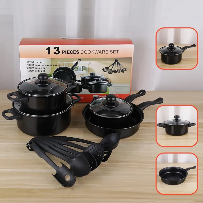 Hot Selling Kitchen 13 Piece Non Stick Cookware Sets Black Pot And Pans Cast Iron Cooking Pot Cookware Set