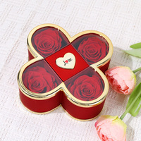 Boîte à bijoux créative en acrylique avec fleurs préservées, en forme de trèfle à quatre feuilles, pour collier et bague, rose éternelle
