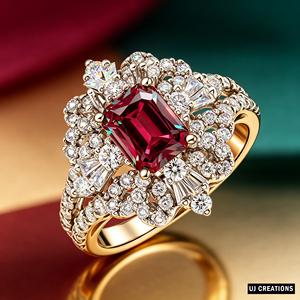 Luxury Women's 18K Solid <b>Gold</b> Emerald Cut <b>Cocktail</b> <b>Ring</b> With Pave Diamond Flower Design Engagement Style - Product Image 5