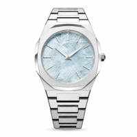 Montre pour homme avec logo personnalisé, bracelet intégré en acier inoxydable de luxe, cadran texturé bleu glacé, lunette octogonale, ultra-fine, quartz, 5 ATM
