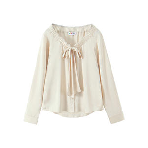 Blusa Elegante de Manga Larga con Cuello en V y Lazo Happy Plus N9313, Camisa de Satén de Color Sólido para Mujer, Talla Grande, Top para Ir al Trabajo - Product Image 2