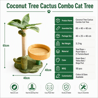 Arbre à chat combiné Coco, Palmier et Cactus |   Griffoir 3-en-1 avec lit en peluche, poteau en sisal et jouets suspendus - Mobilier pour chat tropical