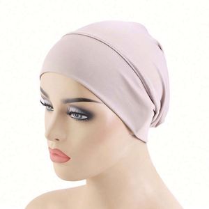 Wholesale Custom Logo Hair Accessories Soft Stretchy Muslim Beanie Dome Cap <b>Head</b> Wrap Hijab Solid Color Image <b>Style</b> Beach Unisex - Product Image 1
