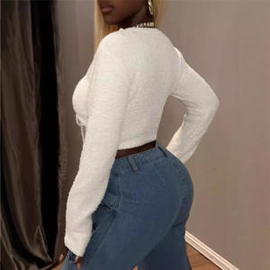 <span class=keywords><strong>Pull</strong></span>-over en polyester pour femme, style coréen personnalisé, coupe moulante, manches longues ajourées, col ras du cou, avec lacets, en peluche courte - Product Image 2