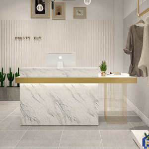 Modern <b>Solid</b> <b>Wood</b> Front <b>Desk</b> Counter Gold-plated Logo LED Light Adjustable Reception <b>Desk</b> for Hotel Gym Hospital Supermarket - Product Image 3