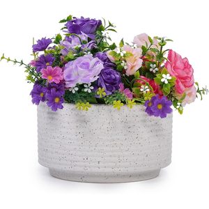 Ensemble de 2 pots à plantes en céramique Mdj Pottery, 9 et 11 pouces, blancs, glaçurés, cylindriques à nervures horizontales, pour jardin et fleurs - Product Image 4