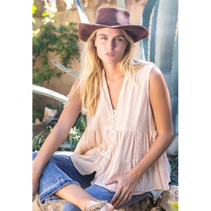 <b>Boho</b> V-Neck Sleeveless Top Solid Color Layered Hem Button Front Loose Fit Summer Casual Women's Blouse - Product Image 1