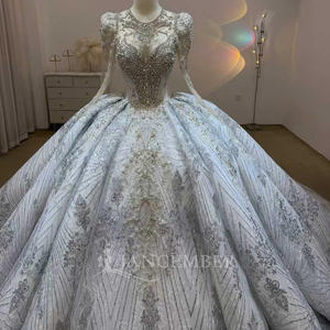 Robes de mariée modernes à manches longues Empire bleu pour femmes, avec dentelle florale et cristaux, pour JJ117 - Product Image 3