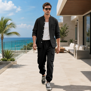 Ensemble de vêtements décontractés <span class=keywords><strong>pour</strong></span> hommes, chemise en coton et lin à manches longues, boutonnée, avec poches, <span class=keywords><strong>tenue</strong></span> de plage - Product Image 2