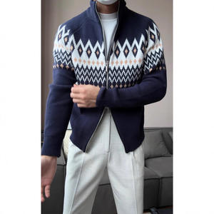 Suéter Cárdigan de <span class=keywords><strong>Hombre</strong></span> de Manga Larga, Grueso, con Cuello Alto y Cremallera, Estilo Étnico Vintage de Invierno y Otoño, con Patrón Geométrico Jacquard - Product Image 2