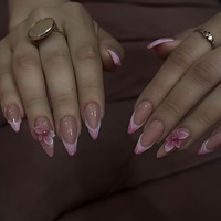 Set Kuku Palsu 3D Floral Press On dengan Ujung Prancis Bergelombang, Motif Marmer Pink Gold, Nude Almond, Dapat Digunakan Kembali, Buatan Tangan, 4367