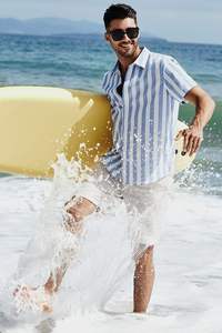 Herren Casual Stilvolle Einreihige Hemden mit Umlegekragen Kurzarm Knopfleiste Gestreift Gestrickt 180g Sommer-Hemden - Product Image 5