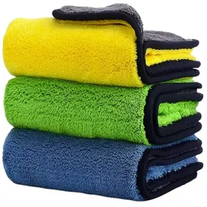 Serviette de lavage de voiture personnalisée en microfibre absorbante multicolore en peluche double face pour le nettoyage de la voiture, le séchage, le polissage et les détails