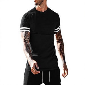 Camiseta de Manga Corta Personalizada para Hombre, Negra, de Poliéster/Algodón, Informal, Transpirable, de Verano, con Patrón 3D Tejido en Relieve, Color Sólido a Rayas - Product Image 1