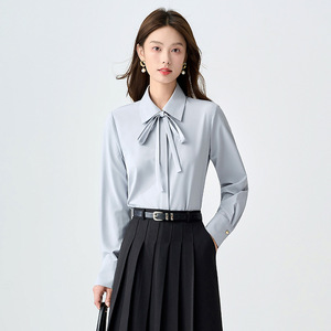 Women's <b>Light</b> Blue Long Sleeve Shirt Solid Color Poplin Office Wear Slim Fit Blouse For <b>Work</b> And Commuting - Product Image 4